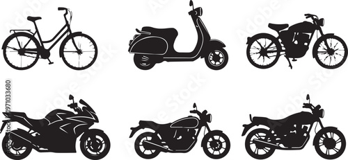 bicycle scooter motorbike electric bike silhouette set minimal black vector white background
