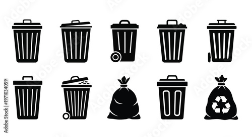 Collection of waste disposal and recycling symbols for various types of trash bins