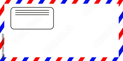 Airmail Envelope frame images with strips. International vintage letter border. Retro air mail postcard with blue and red stripes.  Empty classic postal frame. Vector illustration