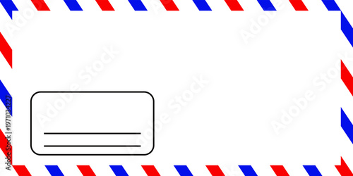 Airmail Envelope frame images with strips. International vintage letter border. Retro air mail postcard with blue and red stripes.  Empty classic postal frame. Vector illustration