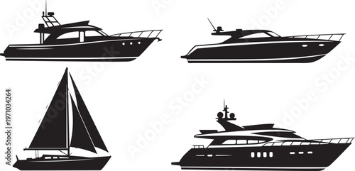 boat types fishing boat speedboat sailboat yacht silhouette set black