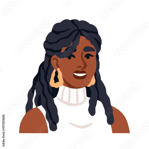 Black woman avatar, long locs hair, dreadlocks hairstyle. Female head, face p...