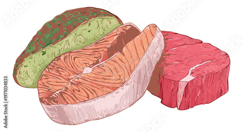 Steak salmon and avocado illustration foods