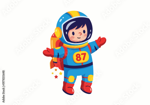 Adorable cartoon astronaut character with a jetpack and number 87 on the chest