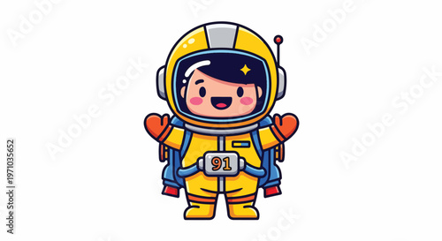 Adorable cartoon astronaut character with a cheerful expression and waving arms in space suit