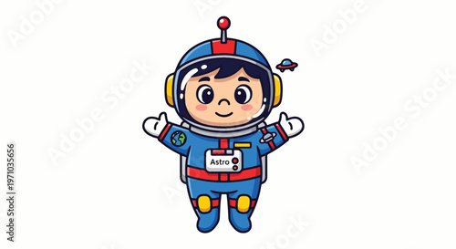 Adorable cartoon astronaut character with a friendly smile and flying saucer in space