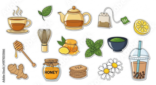 Herbal tea icons, honey and lemon illustrations, 16 tea time vector graphics, food and drink elements