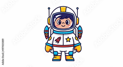 Adorable cartoon astronaut character in spacesuit with rocket and star vector illustration