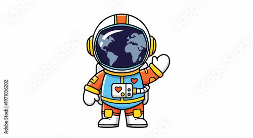 Adorable astronaut wearing a spacesuit with the Earth reflected in his helmet waving hello.