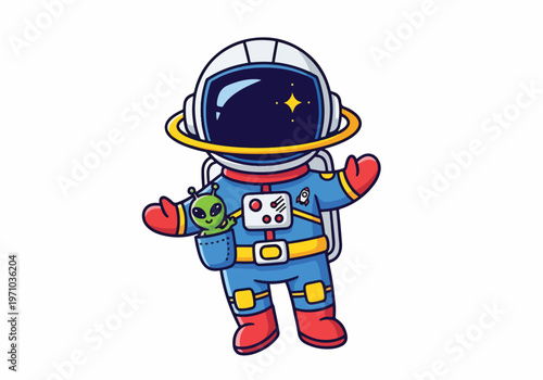 Adorable astronaut with a friendly green alien in the pocket, cartoon style illustration