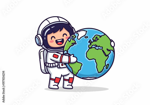 Adorable astronaut happily hugging the Earth globe in space with cheerful expression illustration