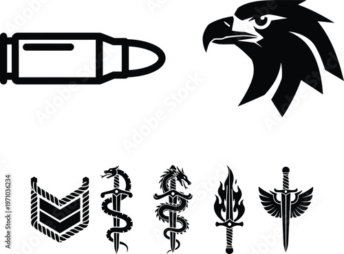 Collection of military and mythological symbols with eagle head and swords
