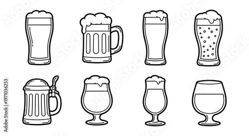 Hand-Drawn Black Outline Beer and Ale Glass Icon Set — Pint Mug Goblet Pilsner Craft Beer Vector Collection
