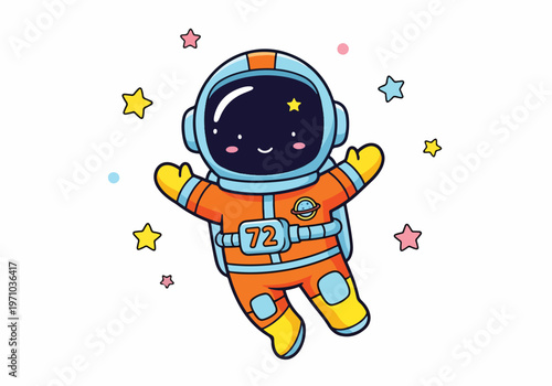 A cute cartoon astronaut floats in space surrounded by stars in a whimsical illustration.