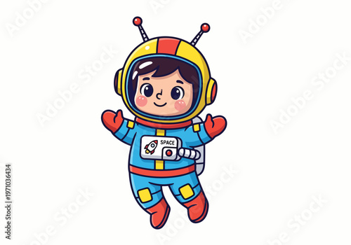 A cheerful cartoon illustration of a child astronaut floating in a weightless space environment