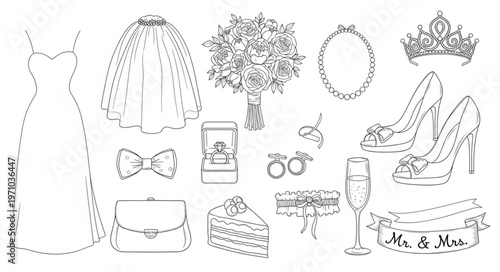 Bild auf Leinwand Collection of Wedding Items and Symbols for Bridal Celebration.
