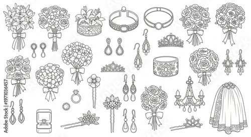 Collection of Wedding Jewelry and Accessories Hand Drawn Sketch.