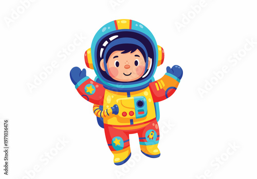 A cheerful cartoon astronaut floats in space wearing a colorful spacesuit with open arms