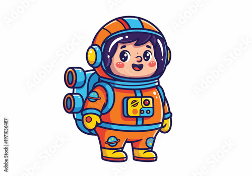 A cheerful cartoon astronaut in an orange and blue spacesuit, smiling and ready for space travel