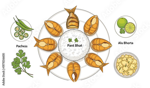 Traditional Bengali Fish Dishes Vector Illustration for Food Recipes