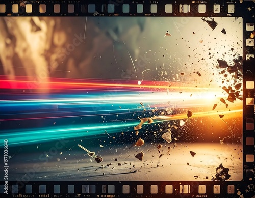 Dynamic motion blur effect with vibrant light trails and shattered elements.