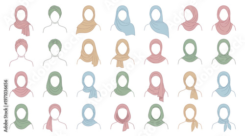 Set of Diverse Hijab and Headscarf Styles for Muslim Women in Flat Line Art Vector