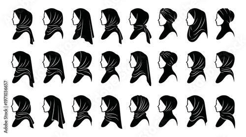 Diverse Women's Hijab Headscarf Styles Silhouette Vector Glyphs Collection