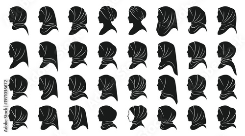 Culture  Fashion: Diverse Muslim Women Hijab Styles Black Silhouette Vector Icons