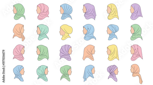 Diverse Muslim Women Hijab Flat Vector Collection. Colorful Headscarf Styles for Culture  Fashion