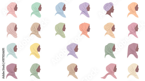 Diverse Women Headscarves  Hijabs Flat Vector Illustration Collection