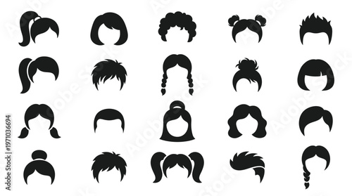 Diverse Hairstyles Glyph Icons Set - Black Silhouette Haircuts for People, Beauty, Fashion Design