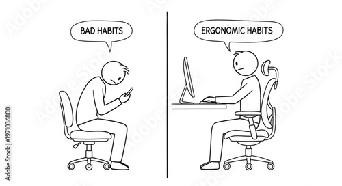 Comparison of Bad Posture Habits vs Ergonomic Sitting Posture.