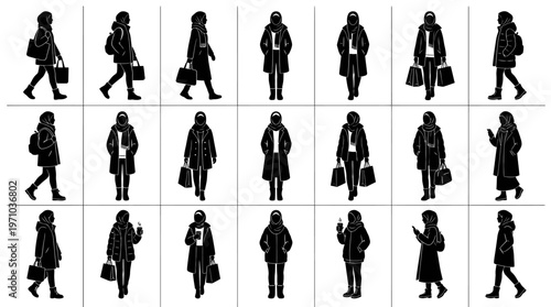 Diverse Hijabi Women Winter Fashion Lifestyle Silhouette Vector Set