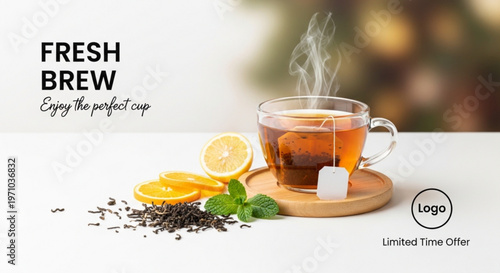 Tea, hot drink, fresh brew, cup, glass tea cup, with steam, on wooden coaster, with lemon, tea leaves, promotional, advertisement