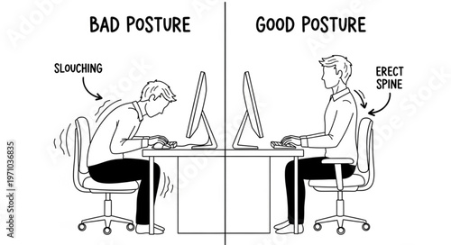 Comparison of Bad Posture Versus Good Posture at a Desk.