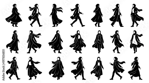 Muslim Women in Hijab and Abaya Modest Fashion Silhouette Vector Set