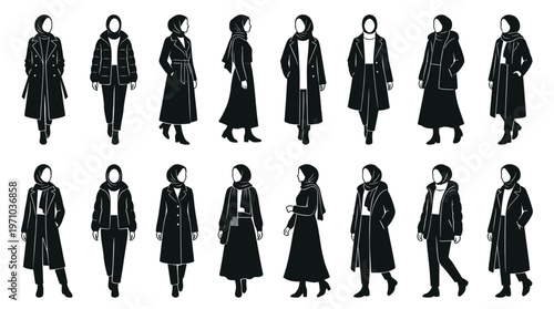Modest Fashion Hijab Women Outerwear Styles - Black  White Silhouette Vector Set