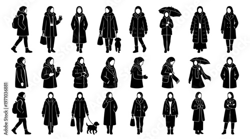 Lifestyle Winter Fashion: Black White Silhouette Hijabi Women Vector Icons Set