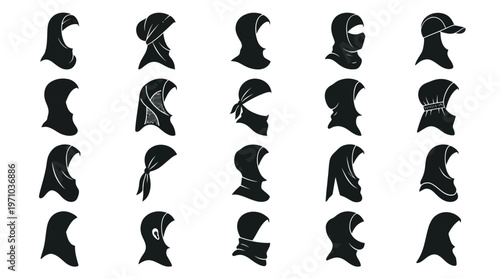 Apparel Head Coverings Glyph Icons Set - Hijab, Balaclava, Scarf, and Bandana Silhouettes