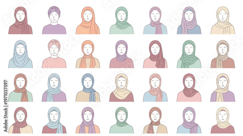 People  Culture: Diverse Muslim Women Wearing Hijabs - Flat Line Art Vector Illustration