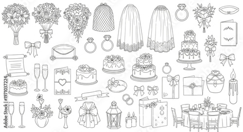 Collection of Wedding Elements Hand Drawn Sketch Style.