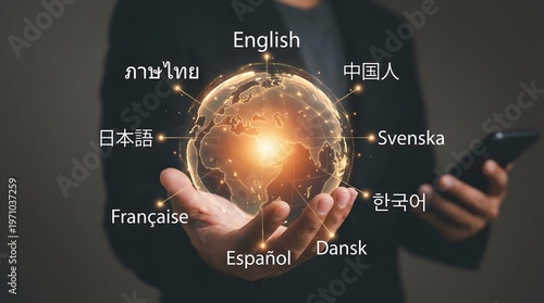 Business professional holding global language translation network interface on smartphone for multilingual communication and international connectivity