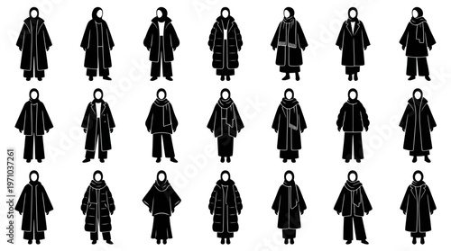 Modest Fashion Women Winter Outerwear Glyph Icons with Hijabs