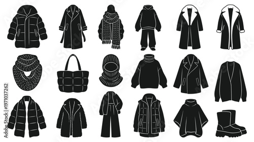 Winter Fashion Clothing and Accessories Black White Silhouette Glyph Icons Set