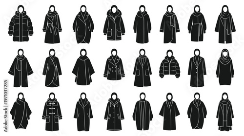 Modest Fashion Winter Coats and Jackets Silhouette Glyph Icons Set for Women's Outerwear
