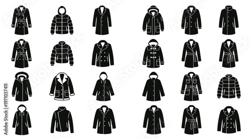 Fashion Outerwear Coats Jackets Black and White Glyph Icons Set