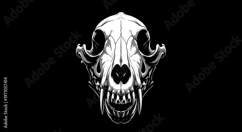 Detailed illustration of a canine skull, featuring sharp teeth and hollow eye sockets, against a plain black background