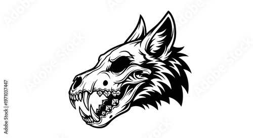 Creepy Canine Skull Illustration with Fierce Fangs and Detailed Bone Structure, Black and White Artwork