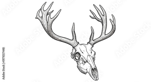 Detailed drawing of a stag skull with impressive antlers, presented in a stark, graphic style