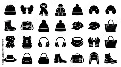 Winter Fashion Clothing Accessories Glyph Icons Set: Hats, Gloves, Scarves, Boots, Bags Collection